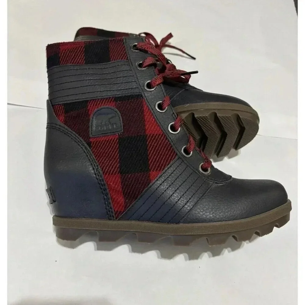 Sorel Lexie Wedge Buffalo Plaid‎ Ankle Booties Boots Girls Youth 5 Red Black NEW